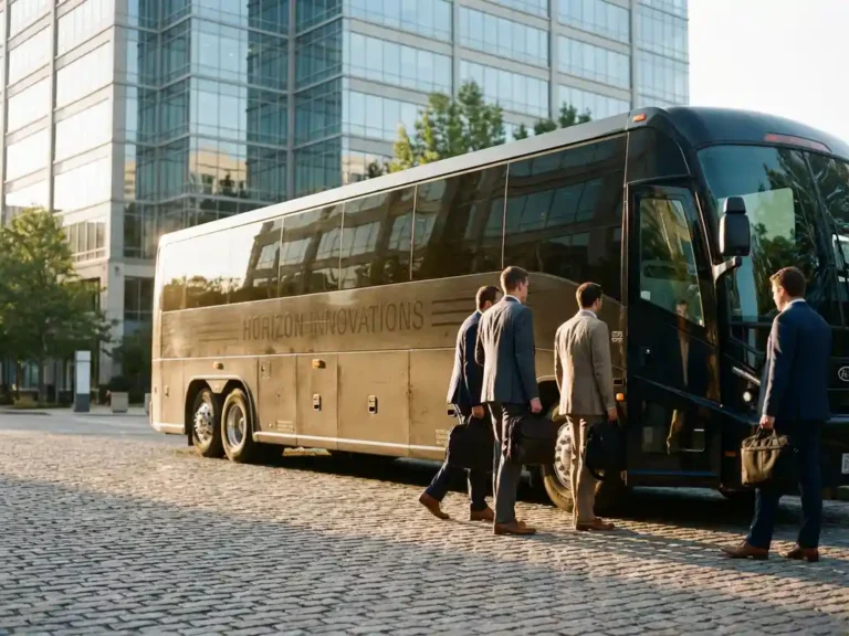 Moderne charterbus met getinte ramen waar zakenmensen in pakken instappen bij een glazen kantoorgebouw