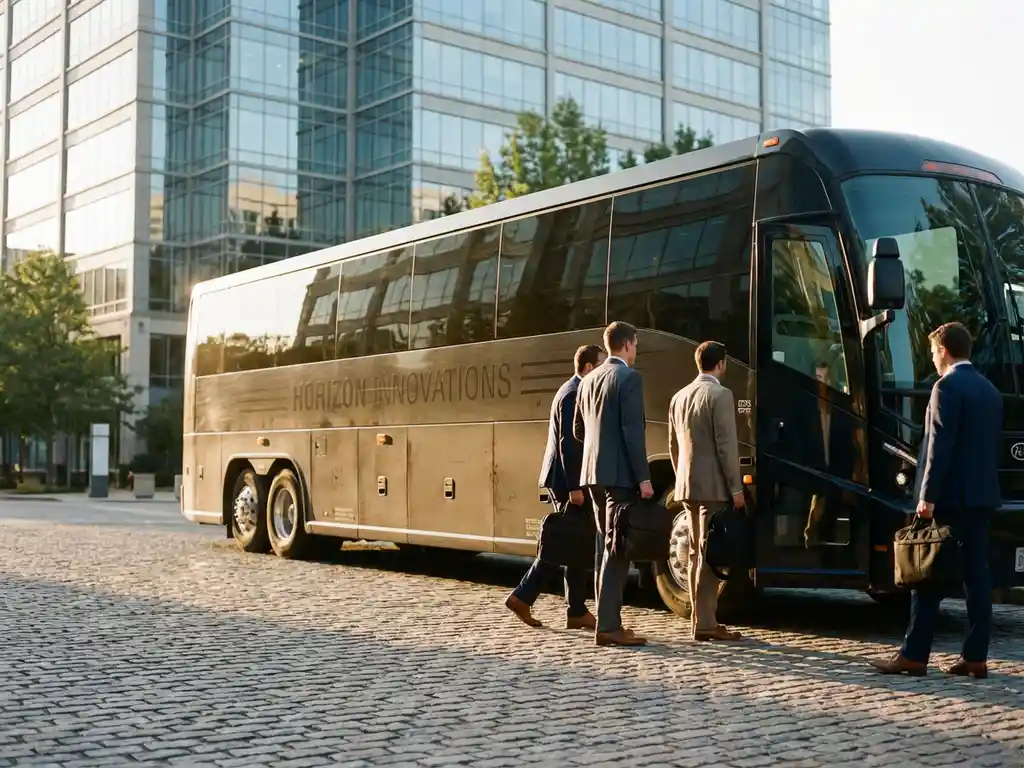Moderne charterbus met getinte ramen waar zakenmensen in pakken instappen bij een glazen kantoorgebouw