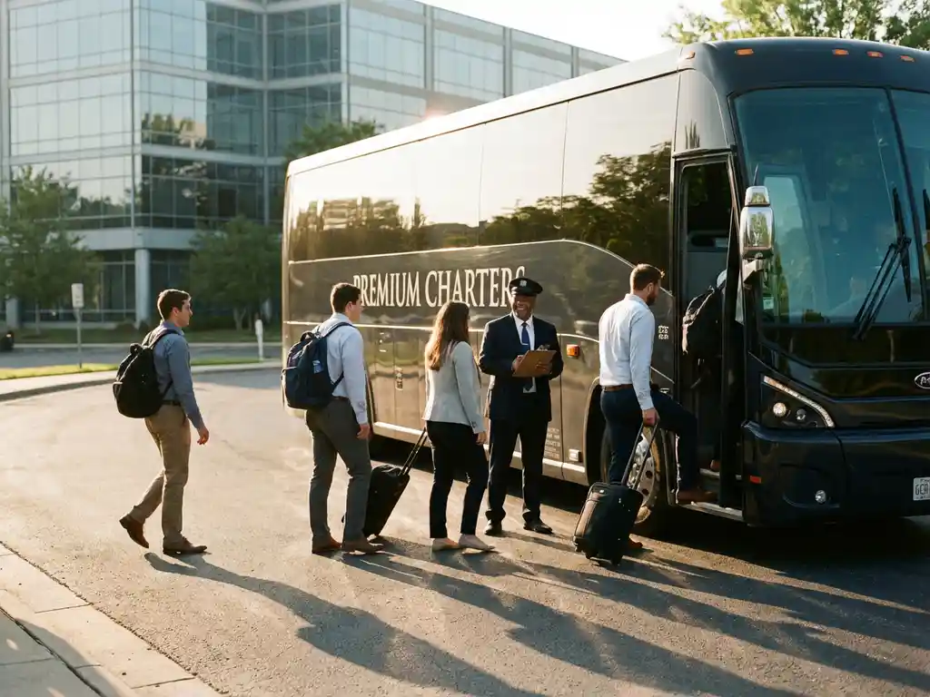 Zakelijke bus voor bedrijfsvervoer met professionals die instappen bij modern kantoorgebouw in ochtendlicht