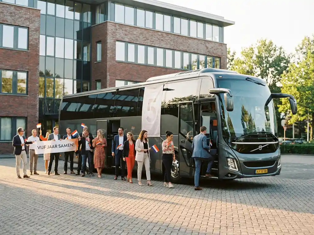 Moderne touringcar voor Nederlands kantoorgebouw met medewerkers die instappen voor bedrijfsfeest met vlaggetjes