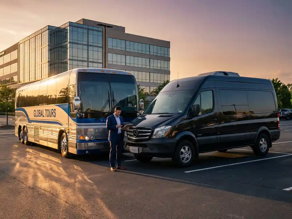 Zakelijke tourbus en zwarte bedrijfswagen geparkeerd bij modern kantoorgebouw met zakenman die smartphone bekijkt