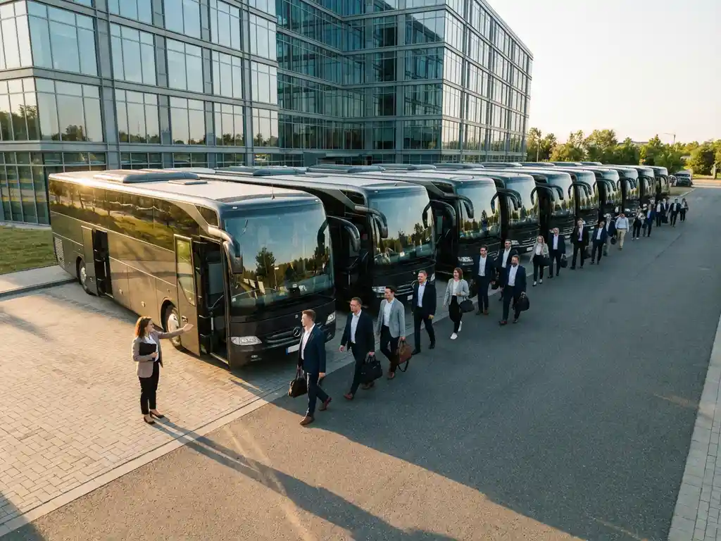 Professionele charterbussen geparkeerd bij bedrijfsgebouw terwijl werknemers in pak instappen onder toezicht coördinator