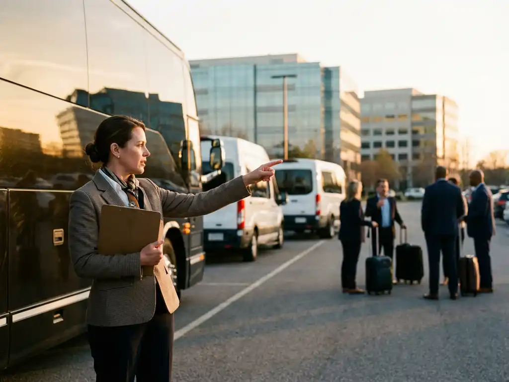Professionele bedrijfscoördinator met klembord naast luxe touringcar, shuttlebussen en zakelijke reizigers op achtergrond
