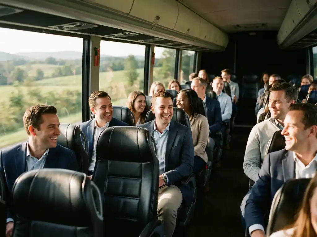 Zakelijke professionals lachen en socializen in moderne touringcar tijdens bedrijfsuitje met landelijk uitzicht