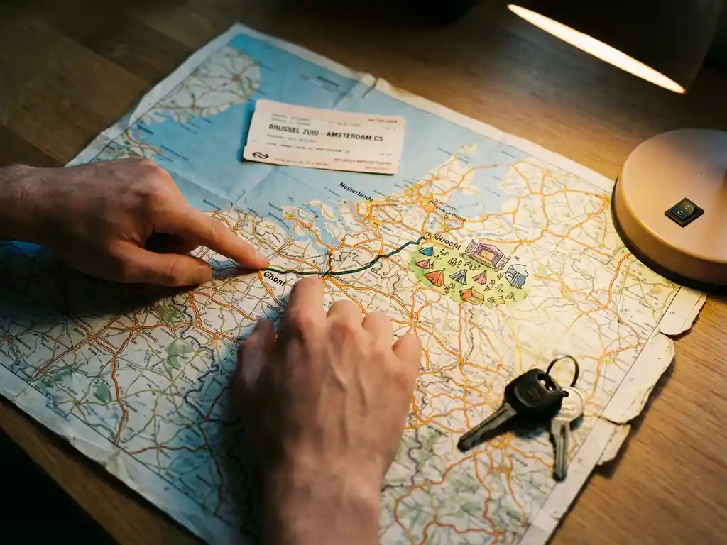 Handen wijzen route aan op wegenkaart van België naar Nederland, met festivalterrein, treinticket en autosleutels op tafel