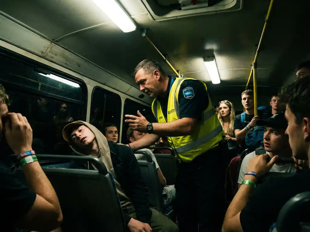 Beveiligingsmedewerker spreekt streng tegen verstorende passagier in festivalbus, andere bezorgde reizigers op achtergrond