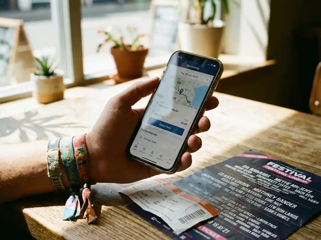 Hand houdt smartphone vast met bus boekings-app, vinger bij stoel selectie, festivalbandjes om pols, kaartjes op tafel