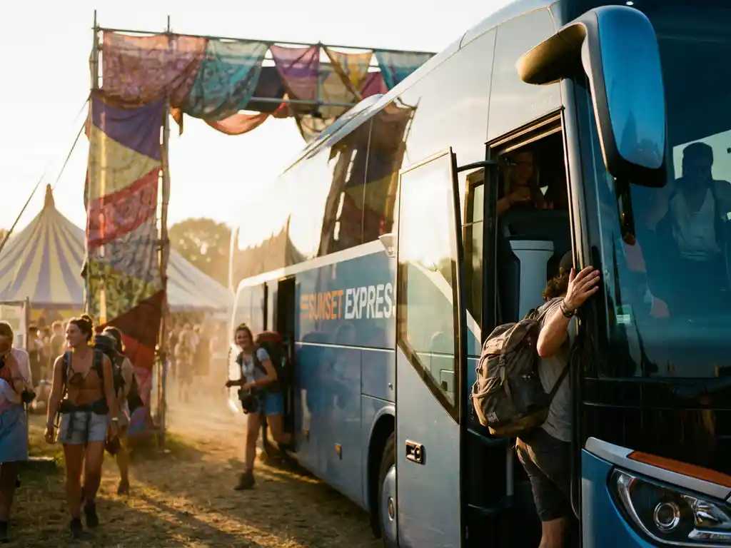 Intercitybus arriveert bij festivalingang terwijl passagiers met rugzakken uitstappen, kleurrijke festivaltenten op achtergrond