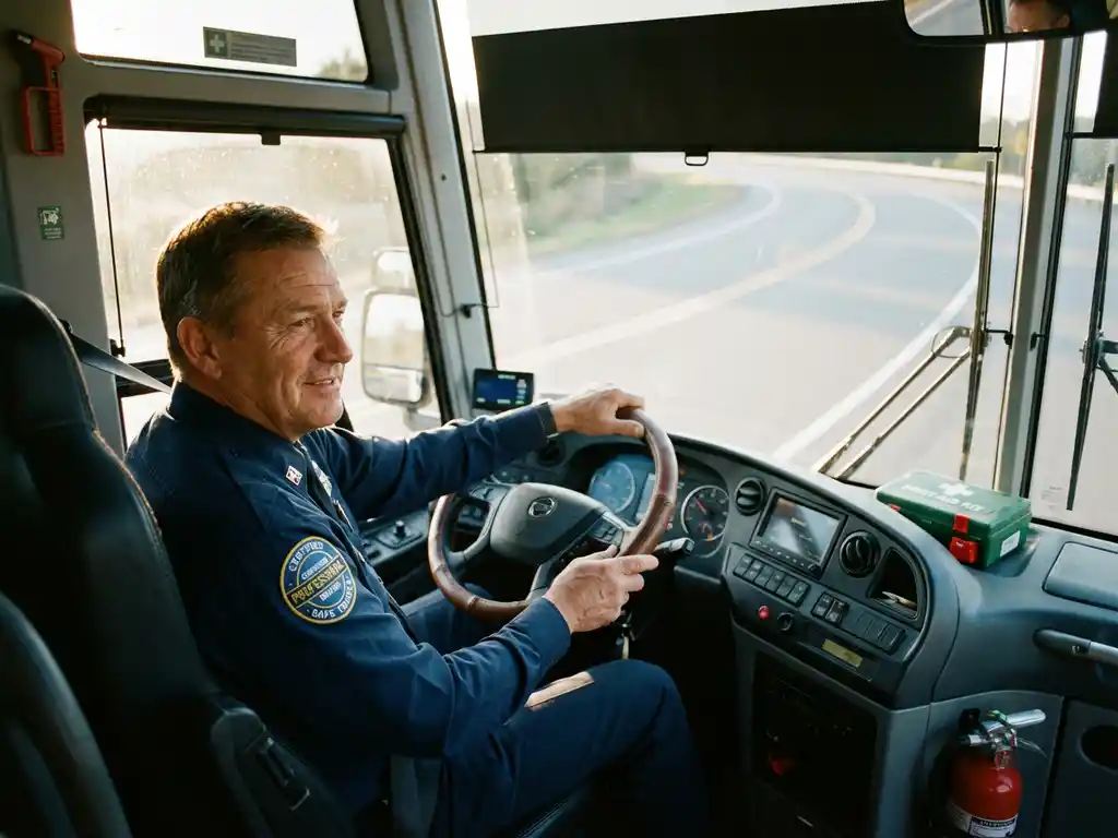 Professionele buschauffeur in uniform zit achter het stuur van moderne touringcar met certificaten en veiligheidsinstrumenten