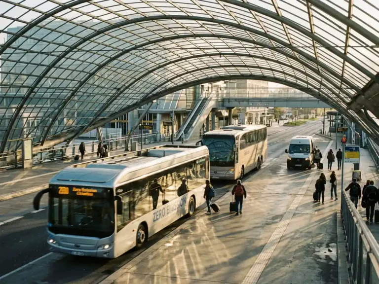 Moderne busstation met elektrische stadsbus, dieselbus en shuttle onder glazen overkapping in gouden middaglicht
