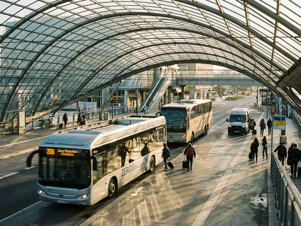 Moderne busstation met elektrische stadsbus, dieselbus en shuttle onder glazen overkapping in gouden middaglicht