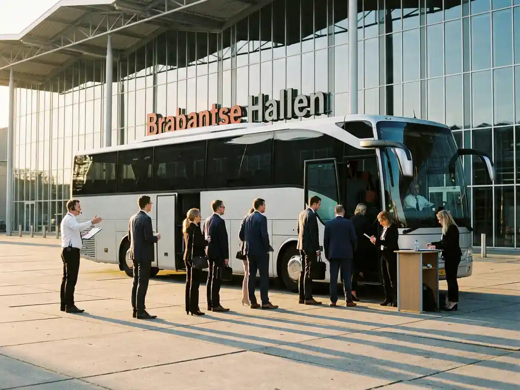 Moderne charterbus bij Brabantse Hallen met instappende zakelijke passagiers en evenementcoördinator tijdens gouden uur