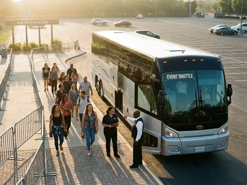 Charter bus laat concertgangers uitstappen bij concertzaal tijdens gouden uur, lege parkeerplaatsen op achtergrond