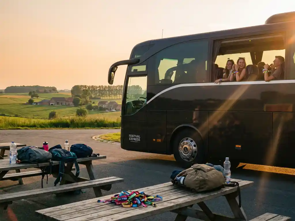Moderne touringcar met festivalgangers geparkeerd bij wegrestplaats in Vlaams landschap tijdens gouden uur