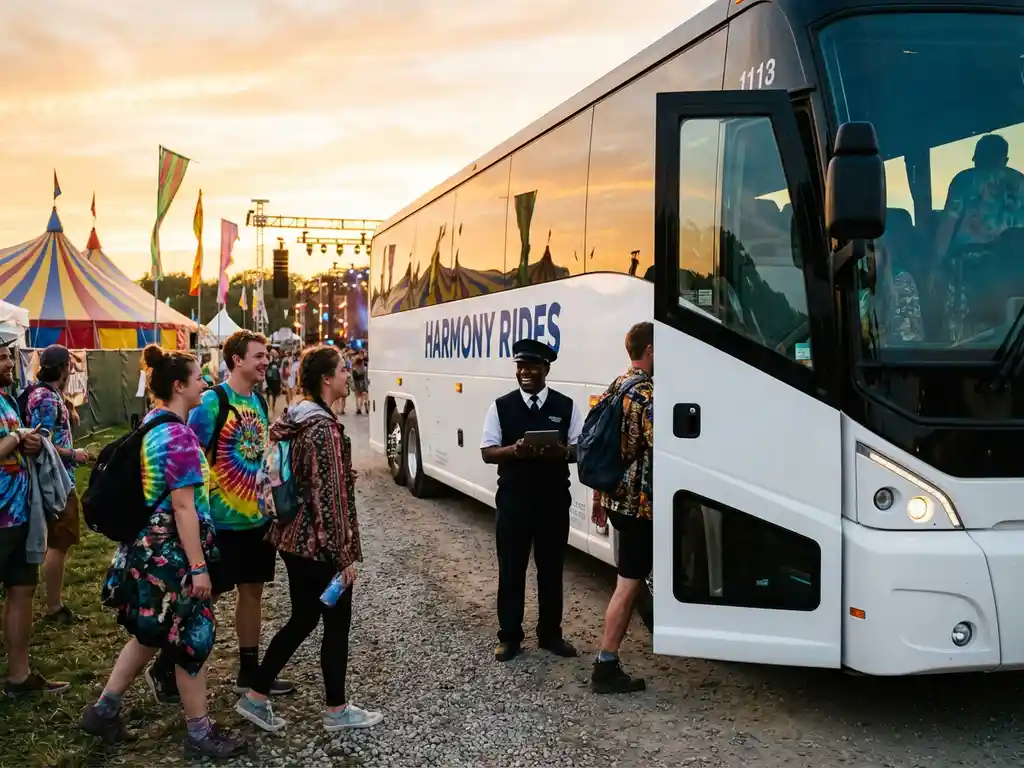 Moderne touringcar bij muziekfestival met instappende festivalgangers en professionele chauffeur bij zonsondergang