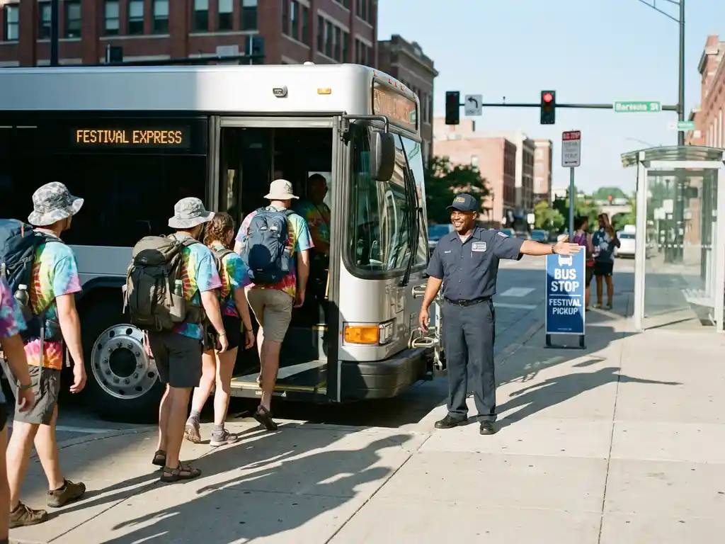 Moderne charterbus met instappende festivalgangers en vriendelijke chauffeur bij stedelijk opstappunt in ochtendlicht
