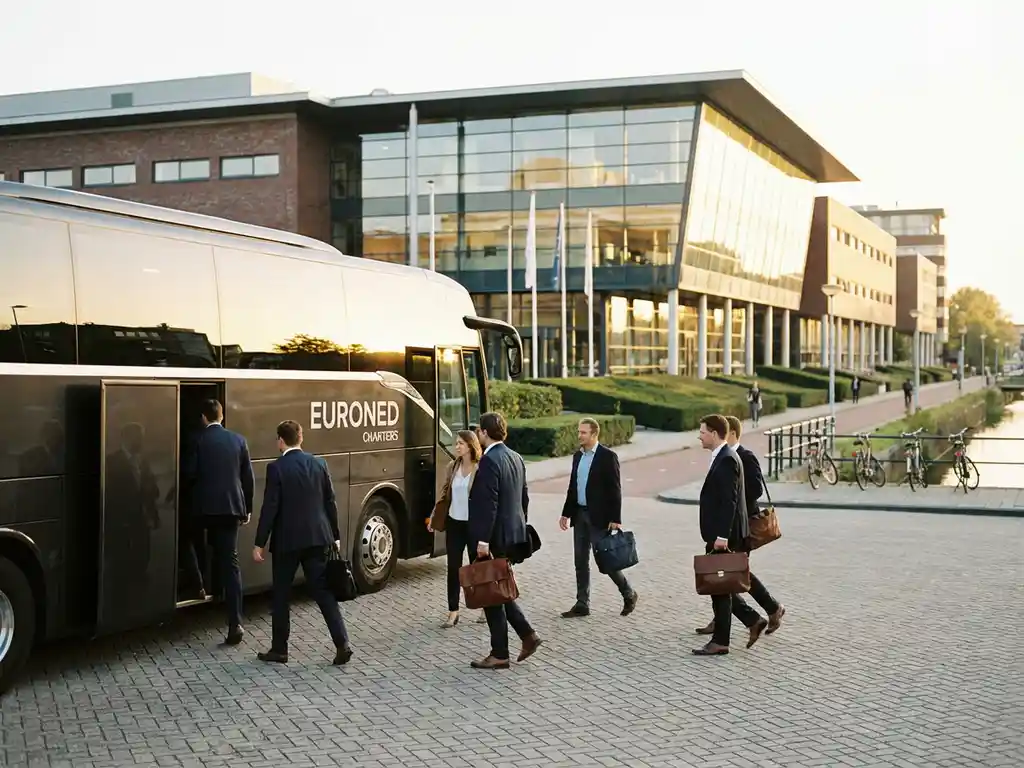 Moderne touringcar voor glazen conferentiecentrum met zakelijke professionals die uitstappen met laptops