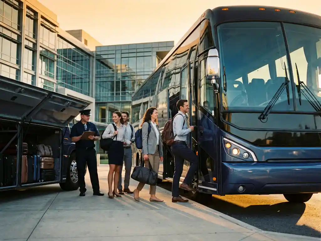 Moderne charterbus met instappende zakelijke professionals en chauffeur, geparkeerd bij kantoorgebouw tijdens gouden uur