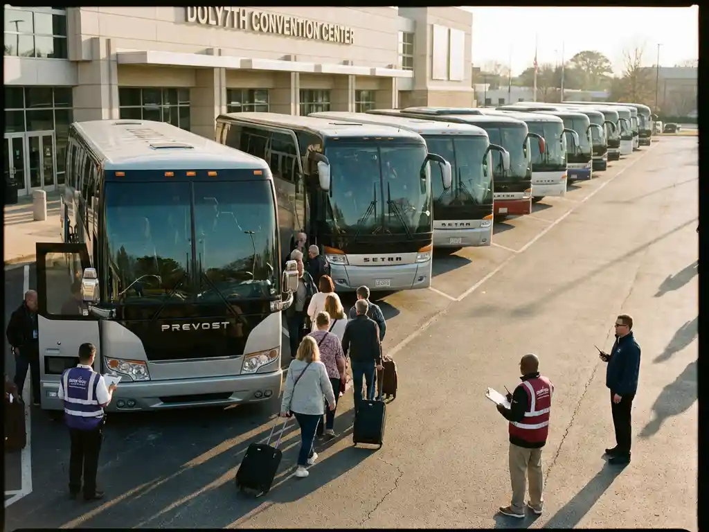 Moderne charterbussen bij evenementenlocatie met passagiers die instappen onder begeleiding van personeel