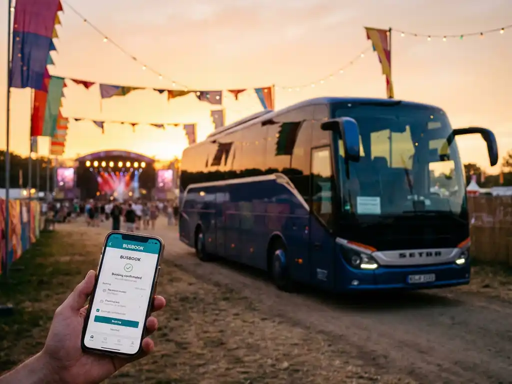 Moderne touringcar met panoramaramen bij muziekfestival ingang, hand houdt bus-boekings-app op smartphone vast