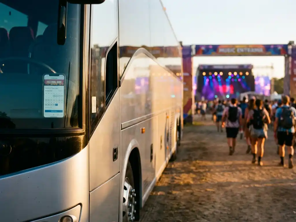 Charterbusje bij muziekfestival ingang met smartphone kalender-app op dashboard, festivalgangers lopen naar verlichte podia