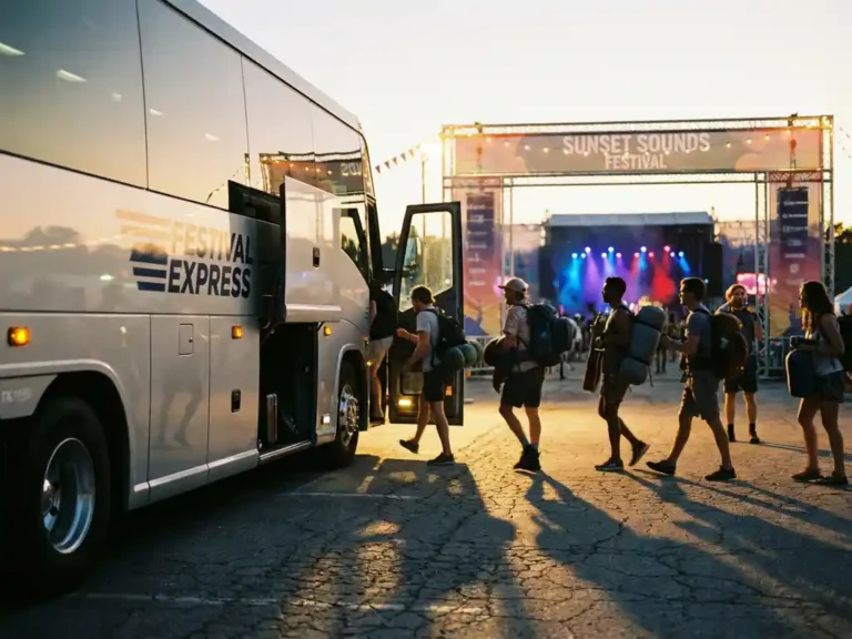 Moderne charterbus bij muziekfestival ingang met instappende festivalgangers en kleurrijke podiumverlichting op achtergrond