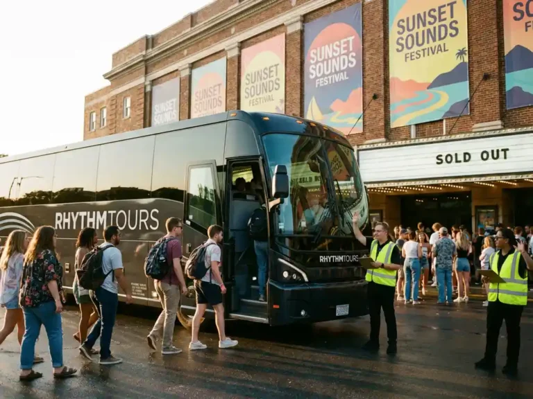 Moderne touringcar bij concertzaal tijdens gouden uur, passagiers stappen in terwijl evenementenpersoneel coördineert