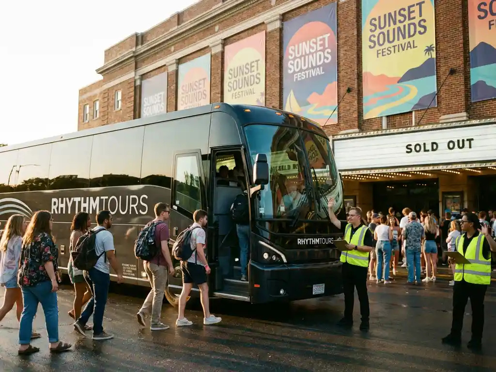 Moderne touringcar bij concertzaal tijdens gouden uur, passagiers stappen in terwijl evenementenpersoneel coördineert