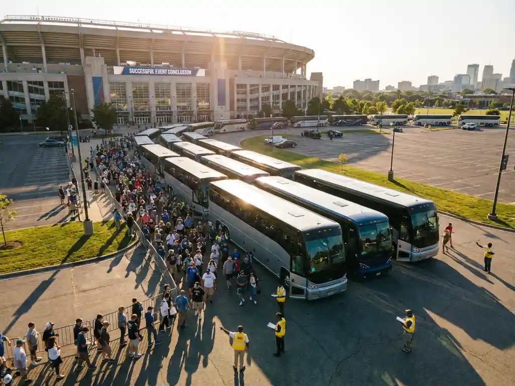 Moderne charterbussen geparkeerd bij stadion tijdens georganiseerde passagiersinstap na evenement bij zonsondergang