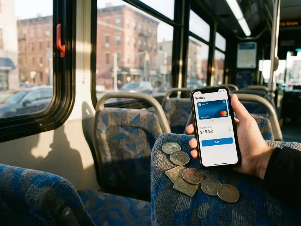 Hand houdt smartphone met digitale betaalapp vast in moderne bus, fysieke muntbonnen liggen op stoel naast telefoon
