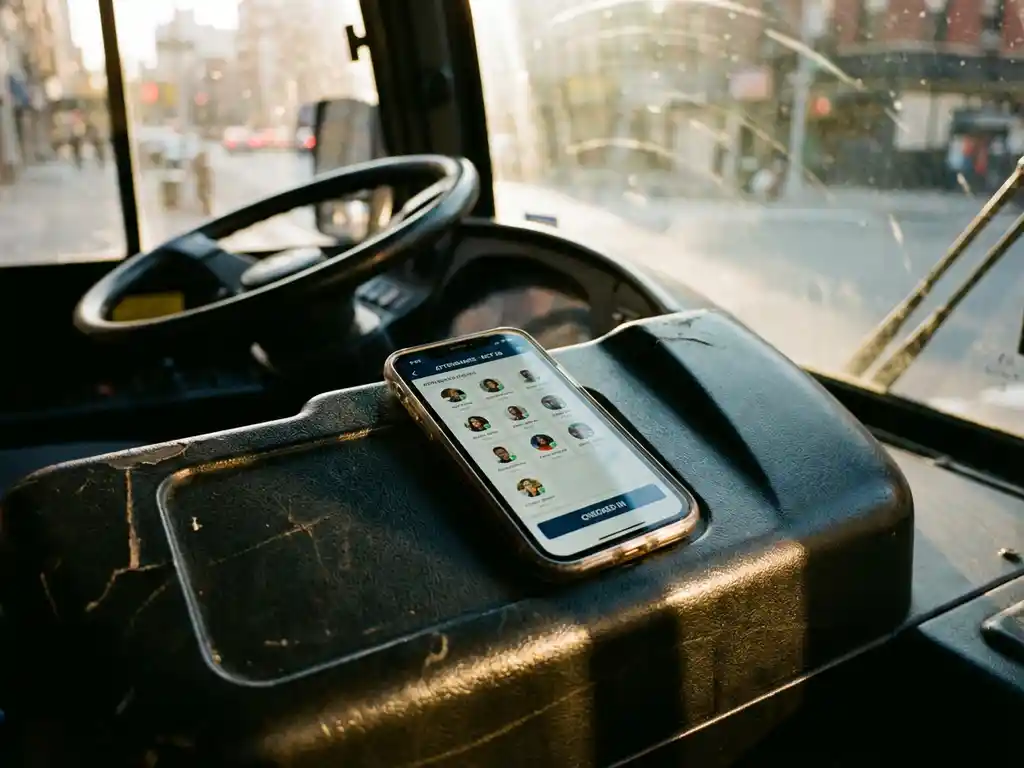 Smartphone met digitale personeelsregistratie-app op buschauffeurdashboard, ochtendlicht door voorruit