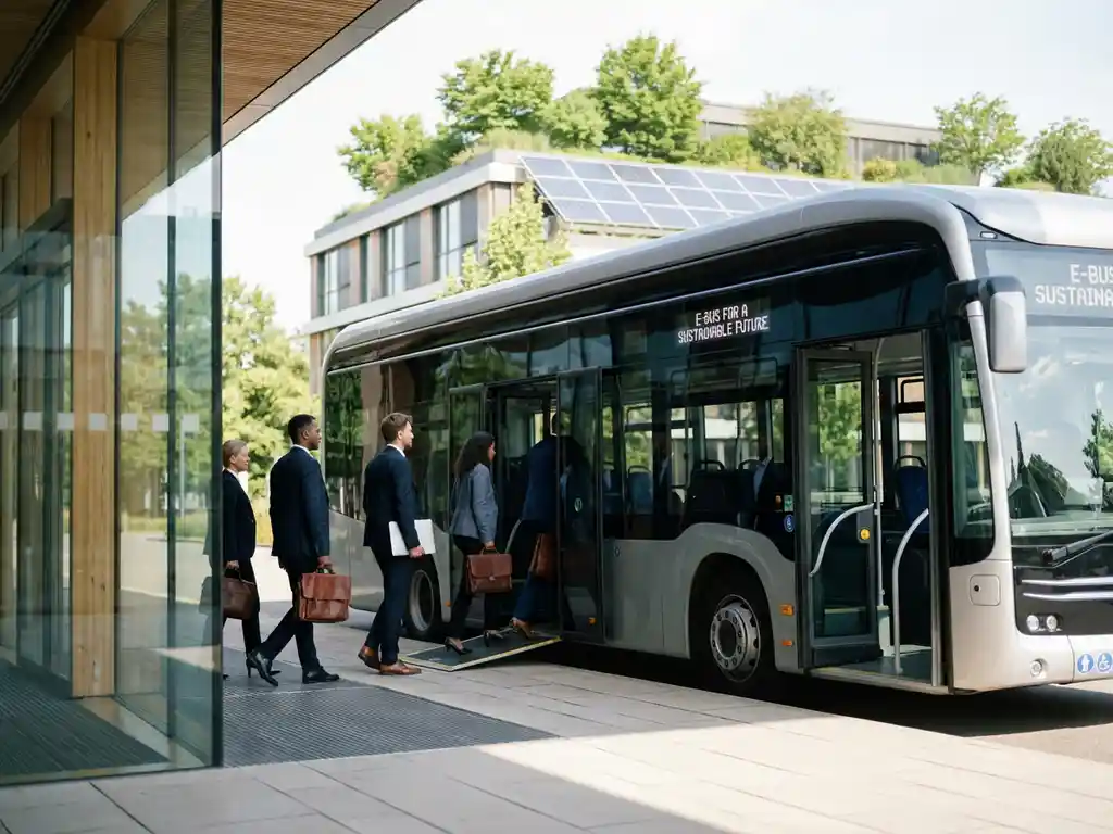 Elektrische bus bij modern conferentiecentrum met instappende zakenmensen en zonnepanelen op het dak