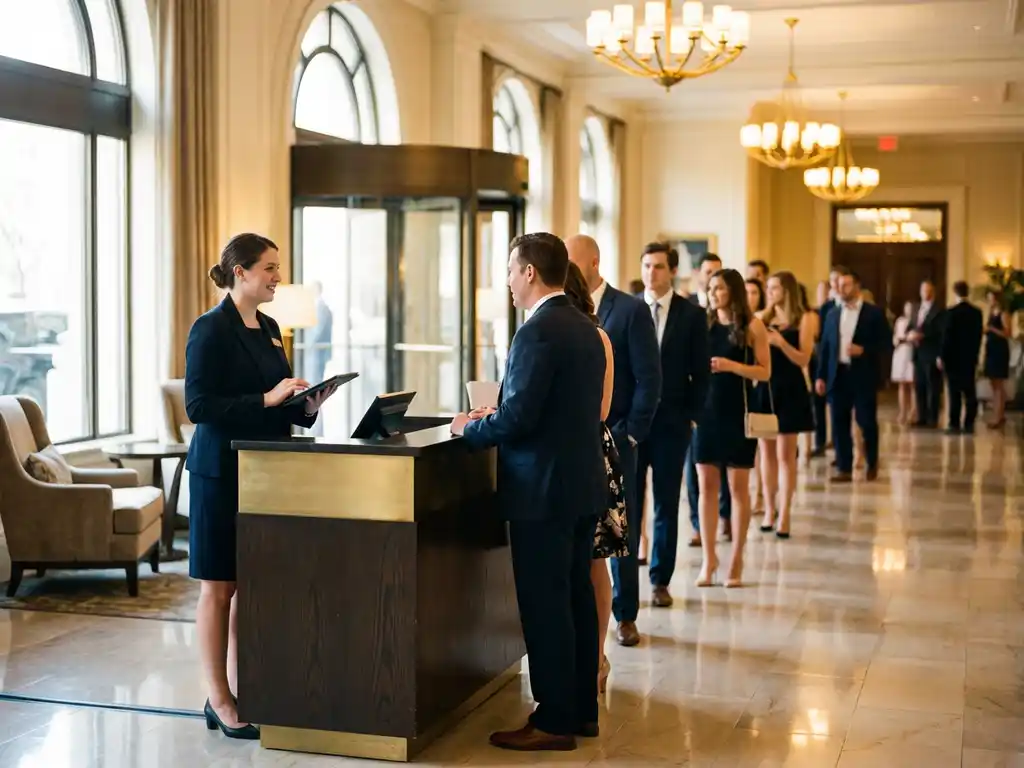 Professionele eventcoördinator met tablet bij registratiebalie terwijl gasten door elegante hotellobby lopen