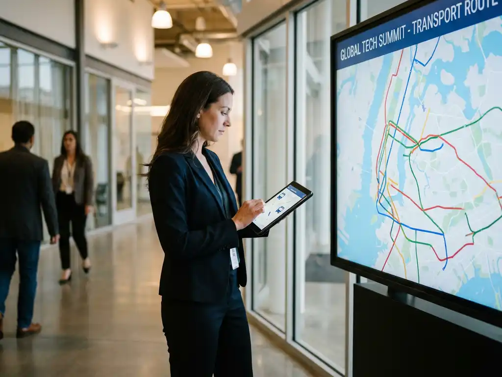 Professionele evenementencoördinator met tablet bij digitaal scherm met busroutes in moderne conferentiehal