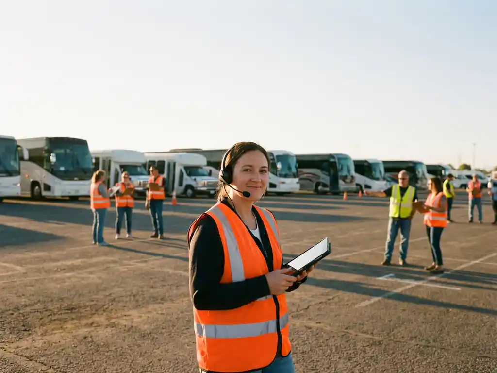 Professionele evenementencoördinator met tablet en headset voor georganiseerde bussen in parkeergebied