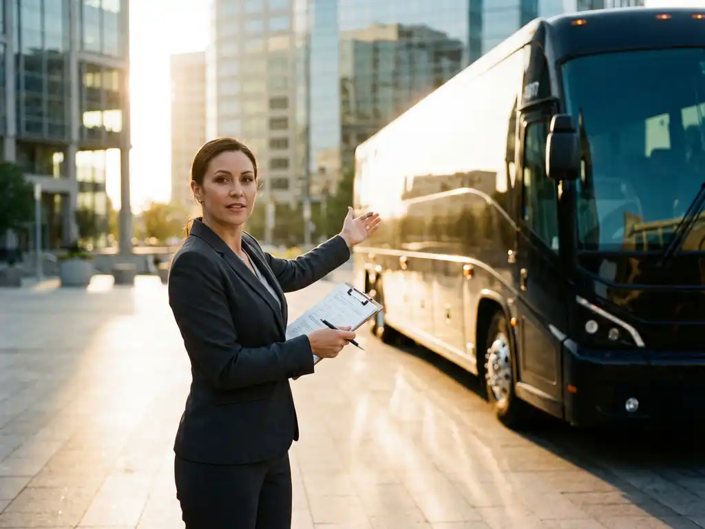 Professionele evenementenmanager in pak staat naast luxe touringcar met klembord, kantoorgebouwen op achtergrond