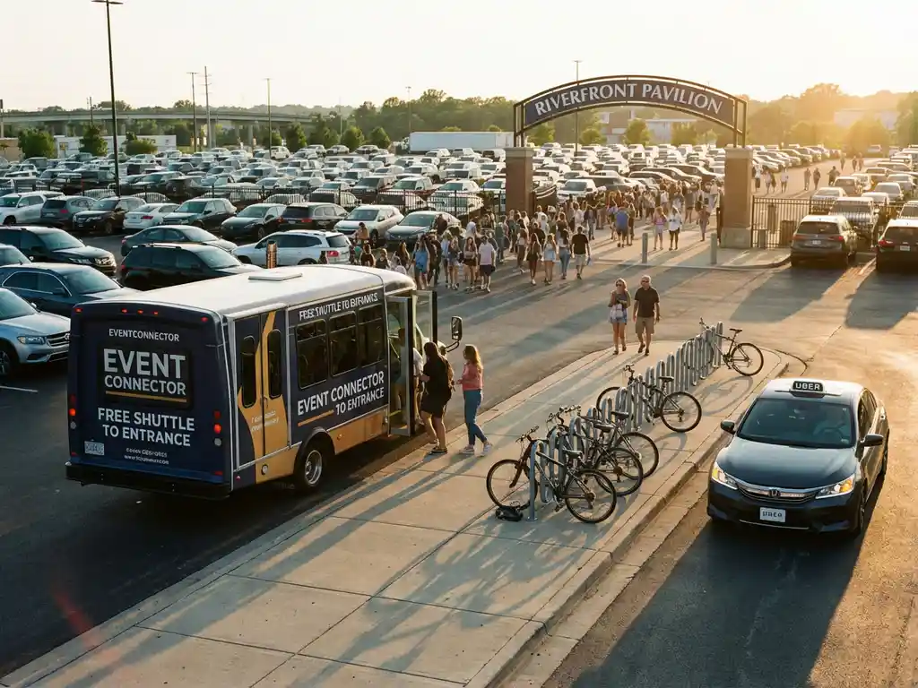 Shuttlebus haalt bezoekers op bij druk evenementenparkeerterrein met auto's, fietsen en rideshare-opties tijdens gouden uur
