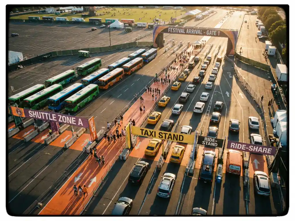 Luchtfoto van grote evenementenlocatie met shuttle buses, taxi's en bezoekers die naar festivalingang lopen tijdens gouden uur