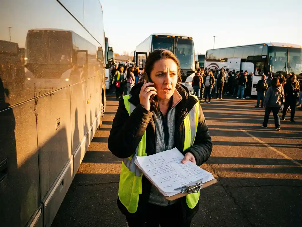 Evenementencoördinator belt naast grote touringcar terwijl mensen instappen, meerdere bussen op achtergrond bij zonsondergang