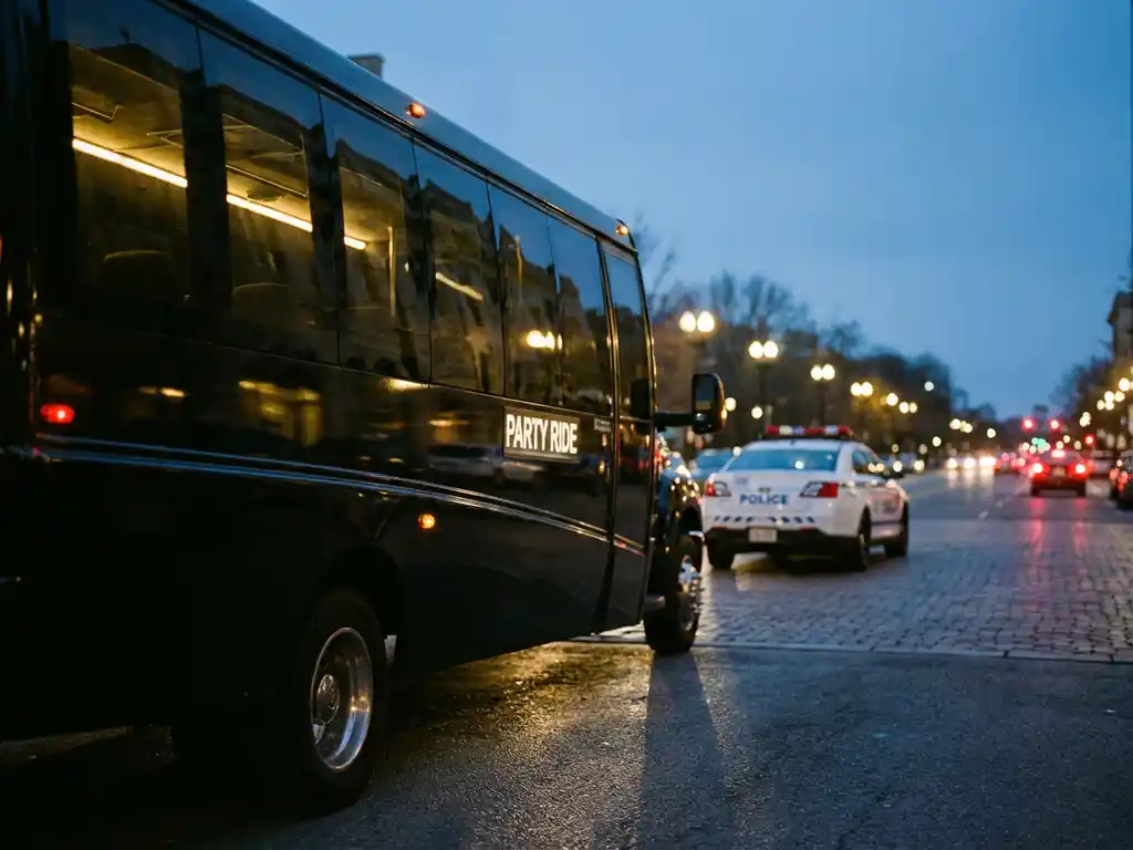 Moderne partybus geparkeerd op stadsstraat bij schemering met warme verlichting en politieauto op achtergrond