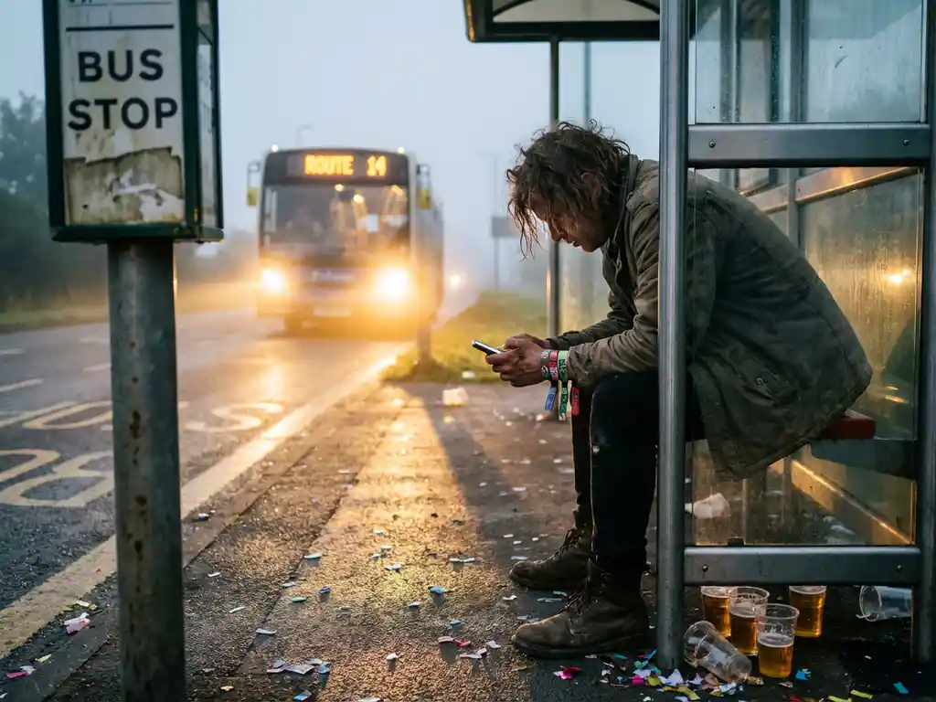Vermoeide festivalbezoeker controleert telefoon bij bushalte met kleurrijke polsbandjes, bus nadert in ochtendmist