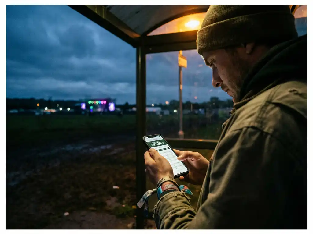 Festivalbezoeker controleert busdienstregeling op smartphone bij bushalte, festivalpolsbandjes zichtbaar, avondverlichting