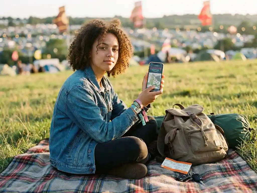 Jongere zit gekruist op gras met smartphone met festivalkaart, polsbandjes, rugzak en tent in gouden zonlicht