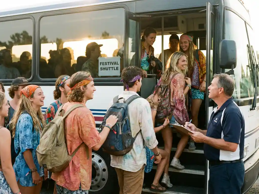 Festivalgangers stappen in charterbus terwijl chauffeur planning controleert, zomerse kleding en rugzakken zichtbaar