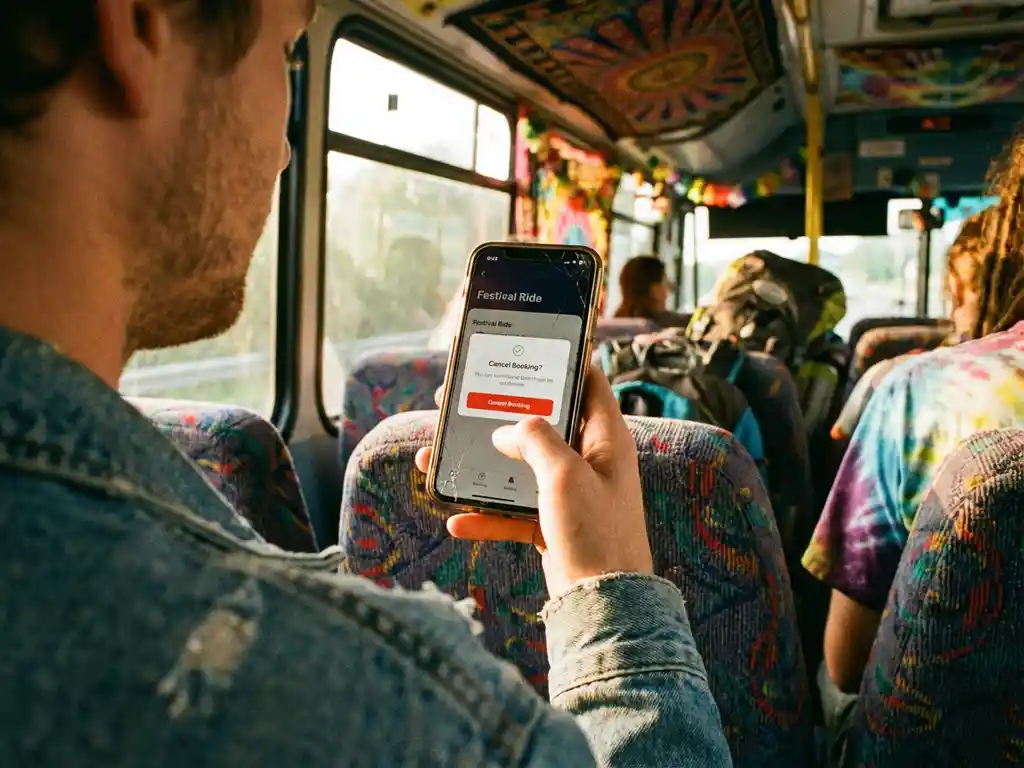 Persoon gebruikt festival bus booking app op smartphone, vinger boven rode annuleerknop, zittend in kleurrijke shuttlebus