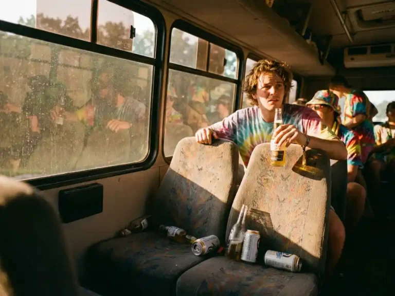 Festivalgangers in shuttlebus met bierflessen op stoelen, passagier houdt drankje vast in warm middaglicht