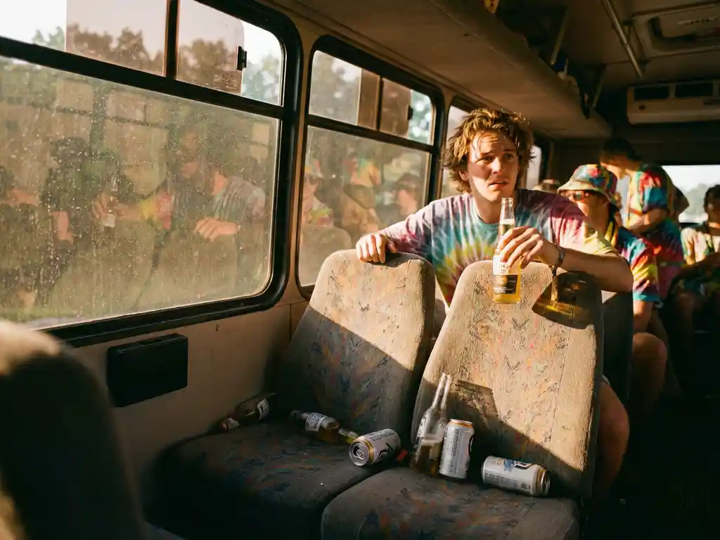 Festivalgangers in shuttlebus met bierflessen op stoelen, passagier houdt drankje vast in warm middaglicht