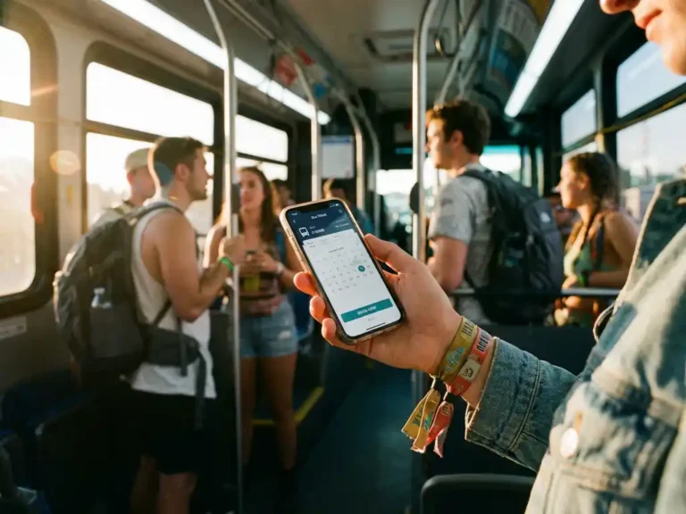 Persoon met smartphone toont bus boekings-app in festival shuttle, draagt kleurrijke polsbandjes, andere festivalgangers op achtergrond