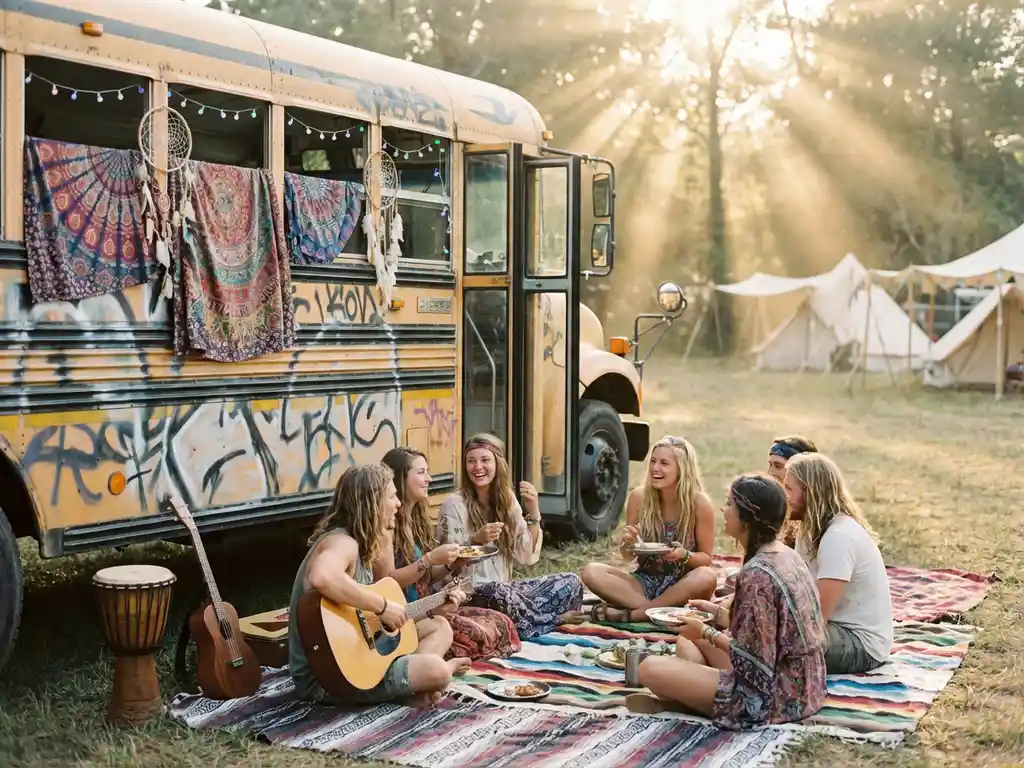 Kleurrijke festivalbus met bohemien decoratie, jonge reizigers delen eten op dekens, gitaarspeler, gouden uur licht