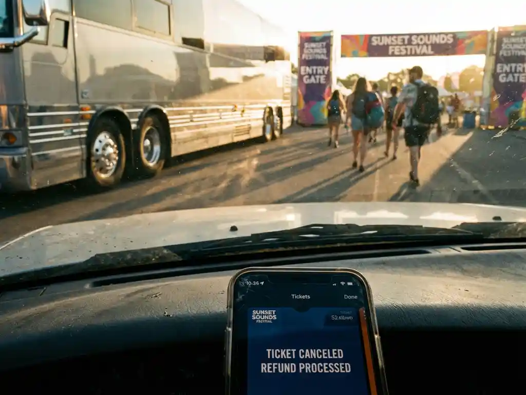 Smartphone met geannuleerd festivalticket op dashboard van tourbus bij festivalingang met bezoekers op achtergrond